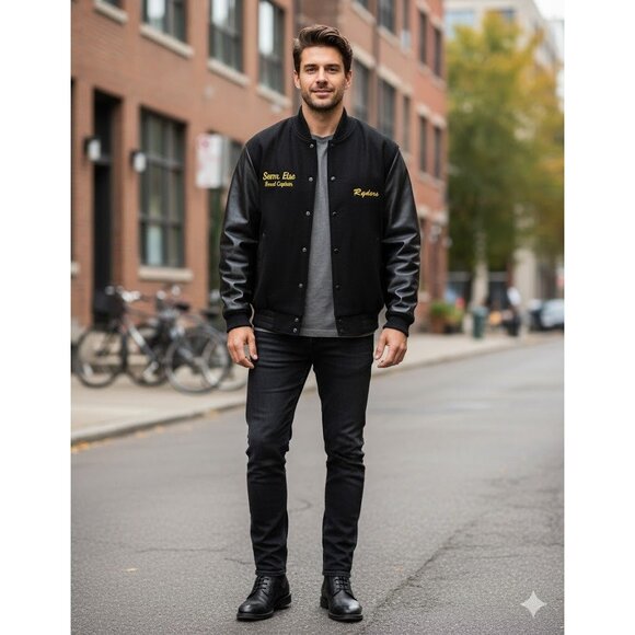 Varsity Letterman Aviator Bomber Jacket XL Black Leather Wool Embroidered Racing - Picture 14 of 14